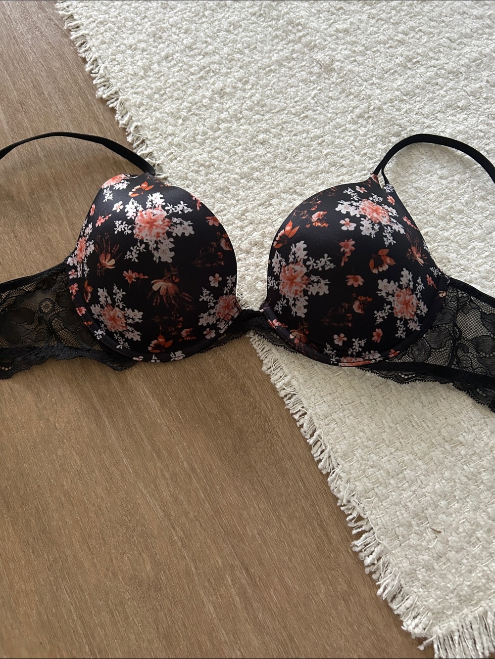 Victoria's Secret Black Bra with Coral & White Floral Print